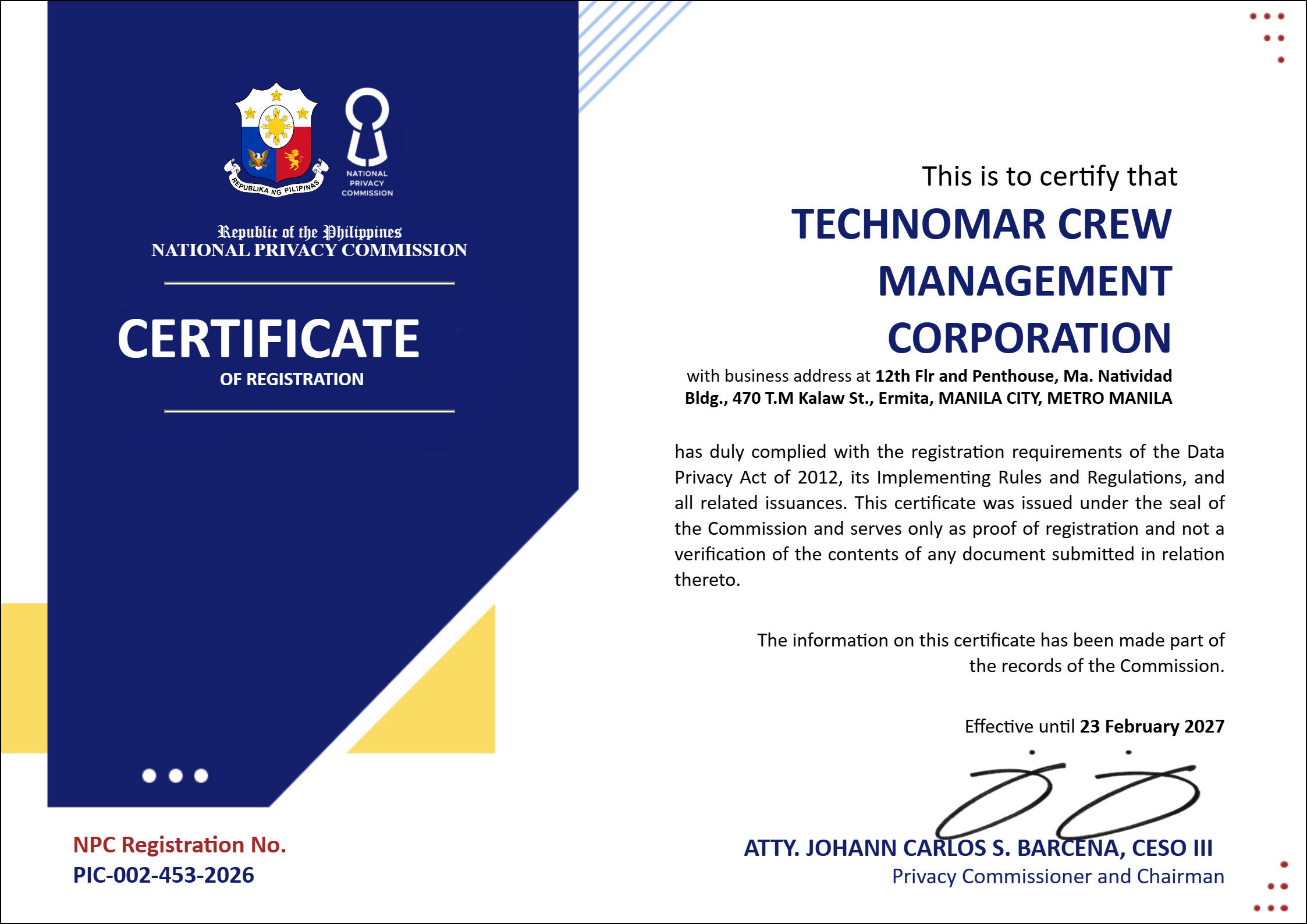 Data Privacy Certificate of Registration